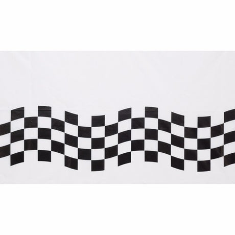 Stylish black and white check tablecover paper, 54cm x 102cm, perfect for easy cleanup at any event.