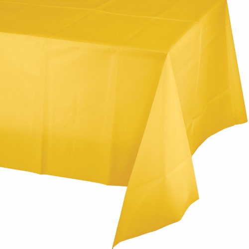 Vibrant school bus yellow plastic tablecover, 137cm x 274cm, ideal for kids' parties and easy cleanup.