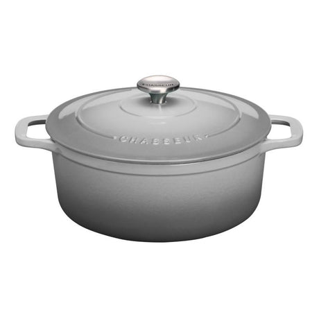 Chasseur Round French Oven in Celestial Grey, 24cm/4L, durable enamelled cast iron for versatile cooking and elegant presentation.