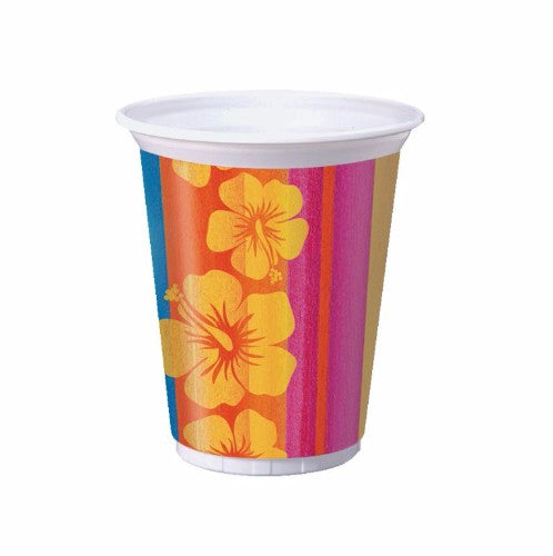 Colorful sunset-striped plastic cups perfect for tropical parties, reusable and ideal for serving drinks. Pack of 3.