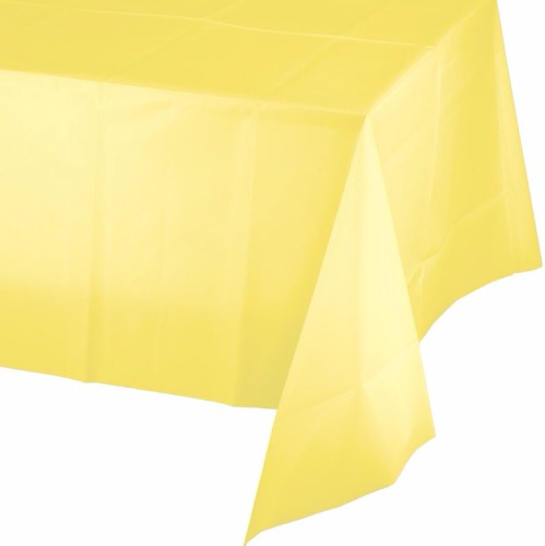 Vibrant Mimosa Yellow plastic tablecover, 137cm x 274cm, perfect for events, offering protection and easy cleanup.