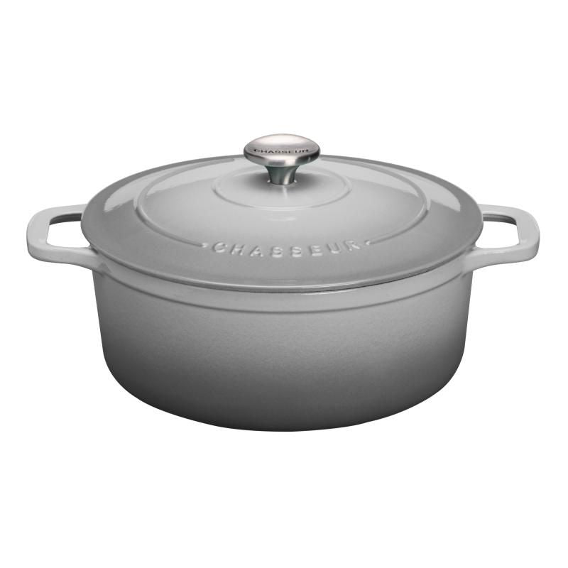 Chasseur 26cm Round French Oven in Celestial Grey, durable cast iron, ideal for slow cooking and stylish table presentation.