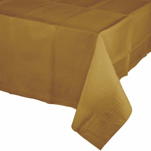 Elegant glittering gold plastic tablecover, 137cm x 274cm, perfect for celebrations and protecting surfaces.