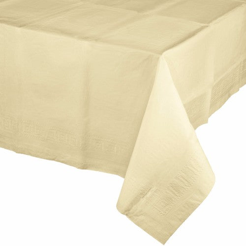 Elegant ivory plastic table cover, 137cm x 274cm, perfect for protecting tables at any event while enhancing decor.