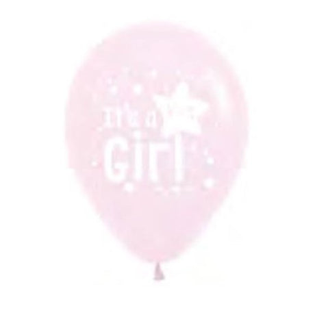 Pack of 25 Sempertex 30cm pastel matte pink "It's a Girl" star balloons, perfect for baby showers and celebrations.