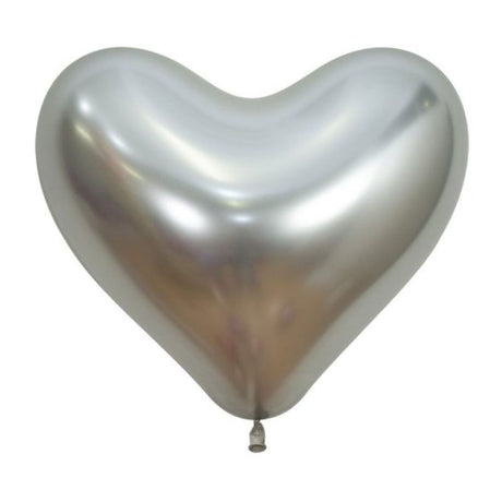 Heart-shaped metallic silver latex balloons, 35cm, perfect for celebrations; durable, elegant, and ideal for party decorations.