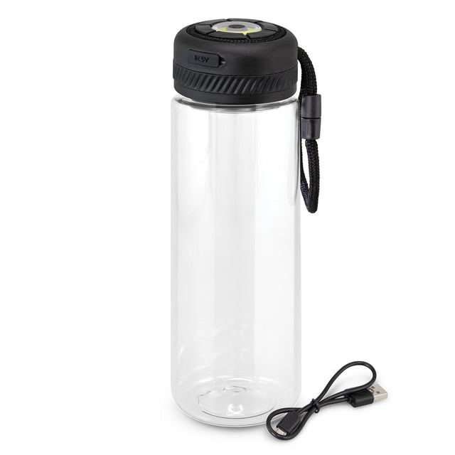 Black Lumino COB Light Bottle, 700ml, features dual light modes, rechargeable, shatterproof, and includes a woven carry loop.