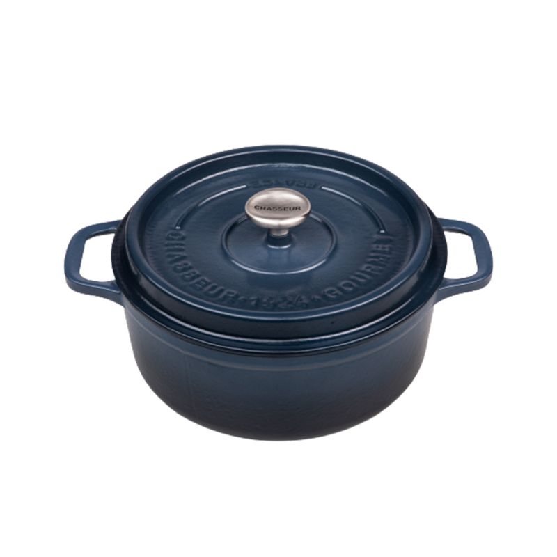 Midnight blue 24cm cast iron French oven, perfect for slow-cooking, roasting, and versatile kitchen use.