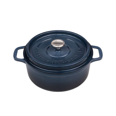 Midnight Blue 26cm cast iron French oven, perfect for slow-cooking, baking, and stylish table presentation.