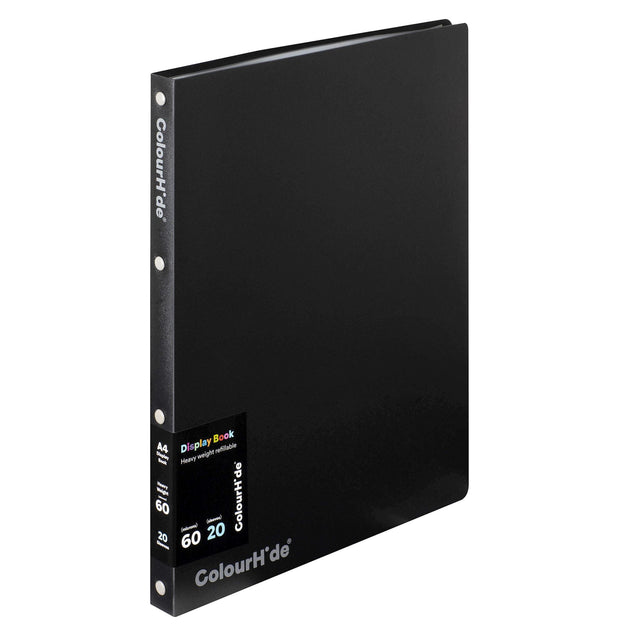 Black refillable Colourhide display book set, featuring 20 tear-resistant pockets for document protection and organization.