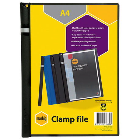 Marbig A4 Spine Clamp in black, designed for secure, space-saving document organization and easy access.