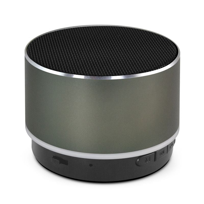 Set of 6 stylish gunmetal Bluetooth speakers with colorful lights, radio, and hands-free calls, portable with 10m range.