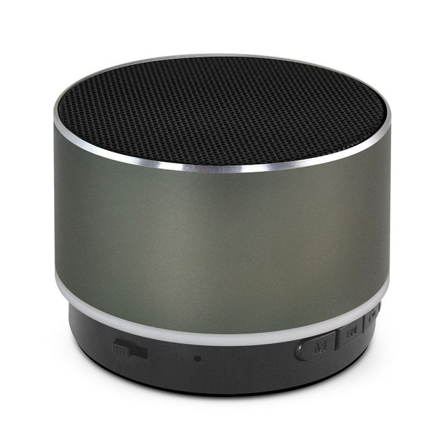 Set of 6 stylish gunmetal Bluetooth speakers with colorful lights, radio, and hands-free calls, portable with 10m range.