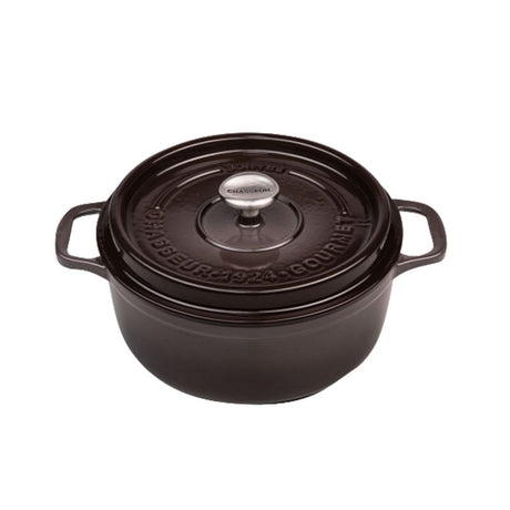 Cast iron 24cm round French oven in storm grey, perfect for slow-cooking, baking, and roasting with elegant design.