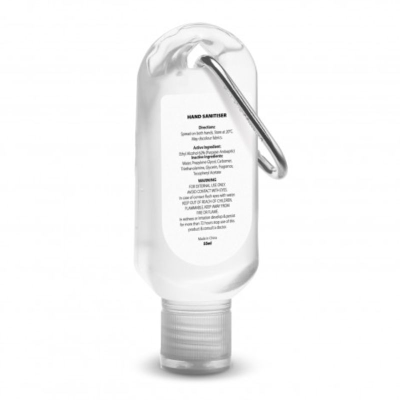 Clear carabiner hand sanitiser tubes (55ml) with no-mess flip caps, designed for convenient, on-the-go hygiene—30 units pack.