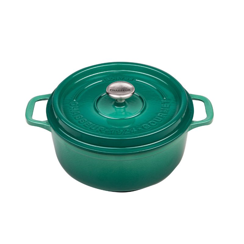 CHASSEUR 26cm jade cast iron round French oven, ideal for slow-cooking, braising, and baking with elegant design.