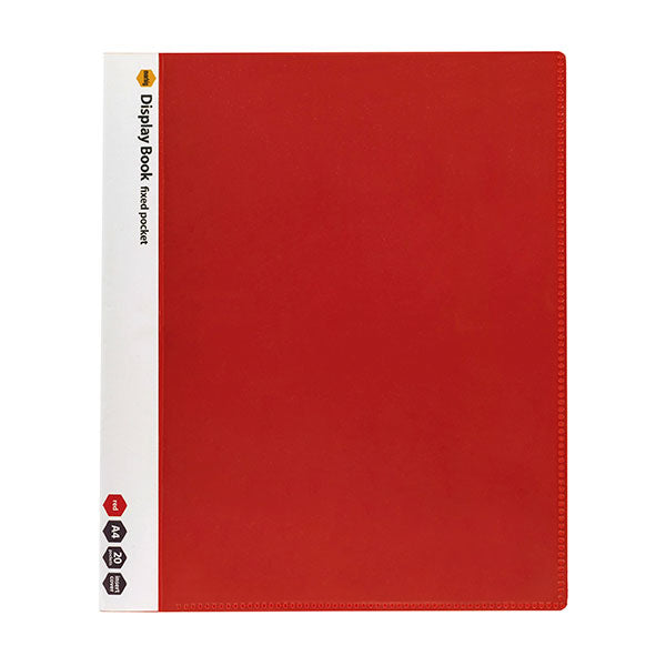 Marbig A4 red non-refillable display books with 20 pockets, ideal for organizing and protecting documents, pack of 10.