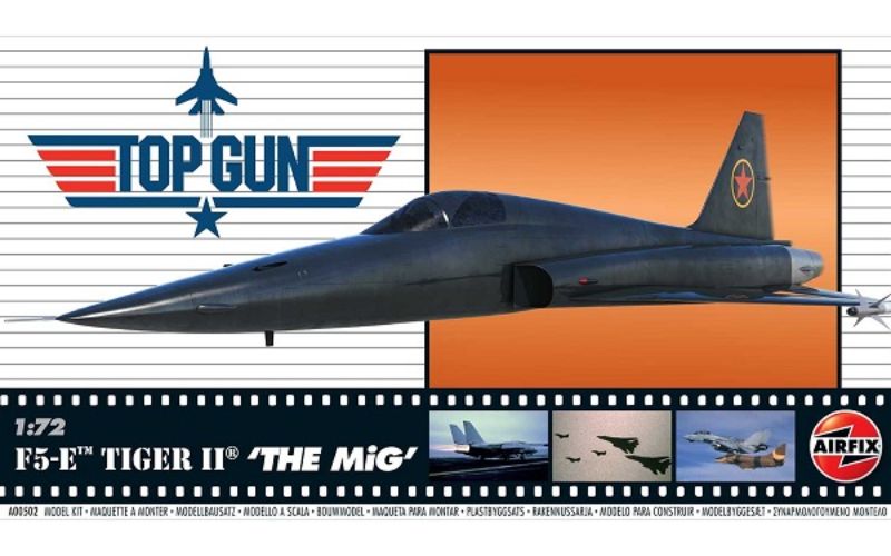 1/72 scale Airfix Top Gun F-5E Tiger II model kit featuring 75 detailed plastic pieces, capturing iconic MIG-28 design.