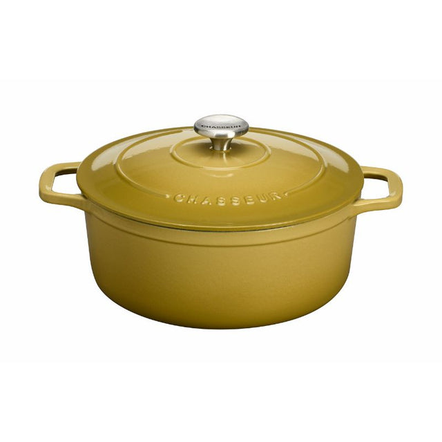 Vibrant mustard-colored 26cm cast iron French oven, perfect for slow cooking, baking, and serving stylish meals.