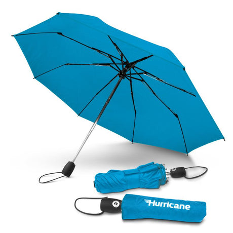 Cyan tri-folding umbrella with a 1000mm canopy, vented design, compact size, and automatic opening for urban weather protection.