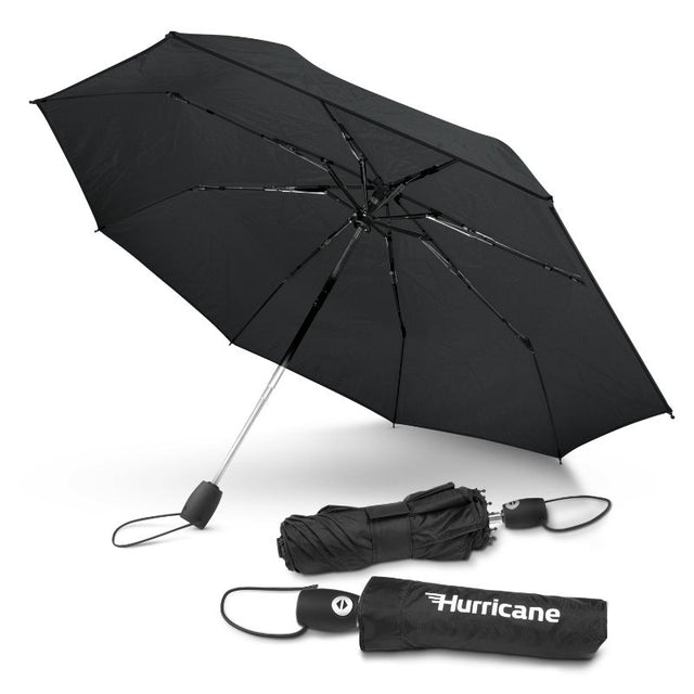 Compact black tri-folding PEROS Hurricane City Umbrella with 1000mm canopy and automatic open/close for urban protection.