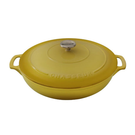 Mustard-colored 30cm cast iron Round French Oven, perfect for slow-cooking, braising, and baking with excellent heat retention.