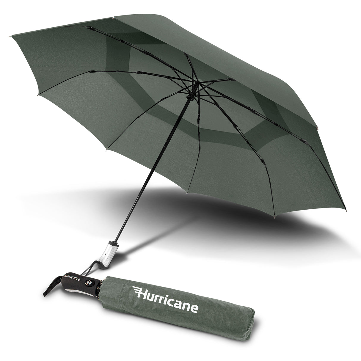 Compact charcoal umbrella with a 1220mm canopy, auto open/close, durable fiberglass ribs, and sleek design.