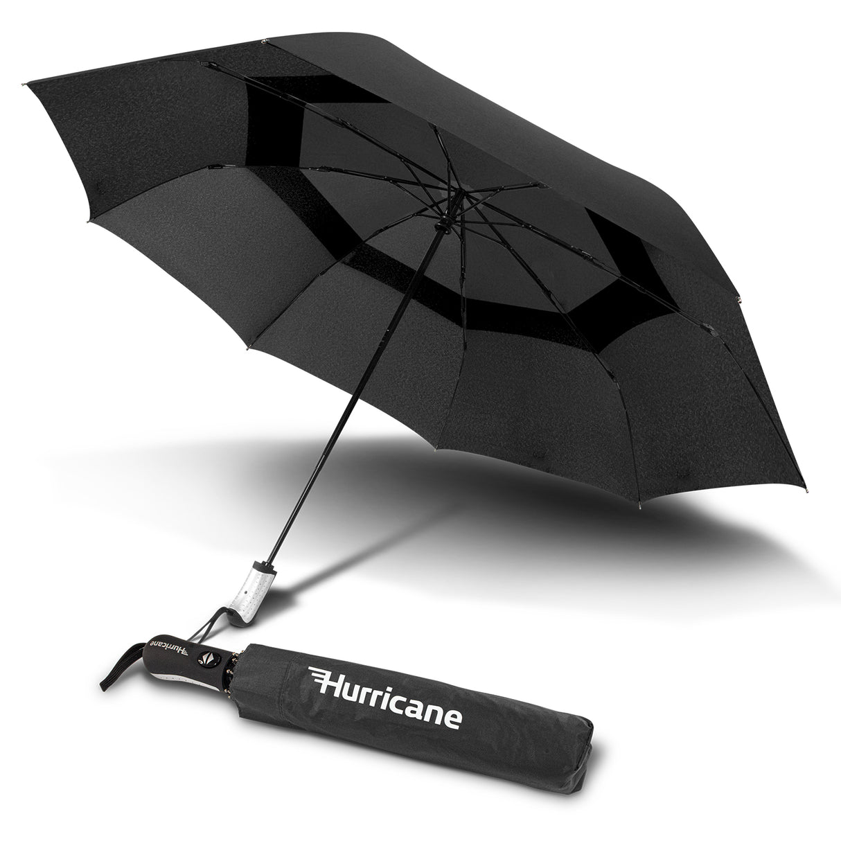 Sleek black Hurricane Senator umbrella with 1220mm canopy, automatic opening, and compact tri-fold design for easy transport.