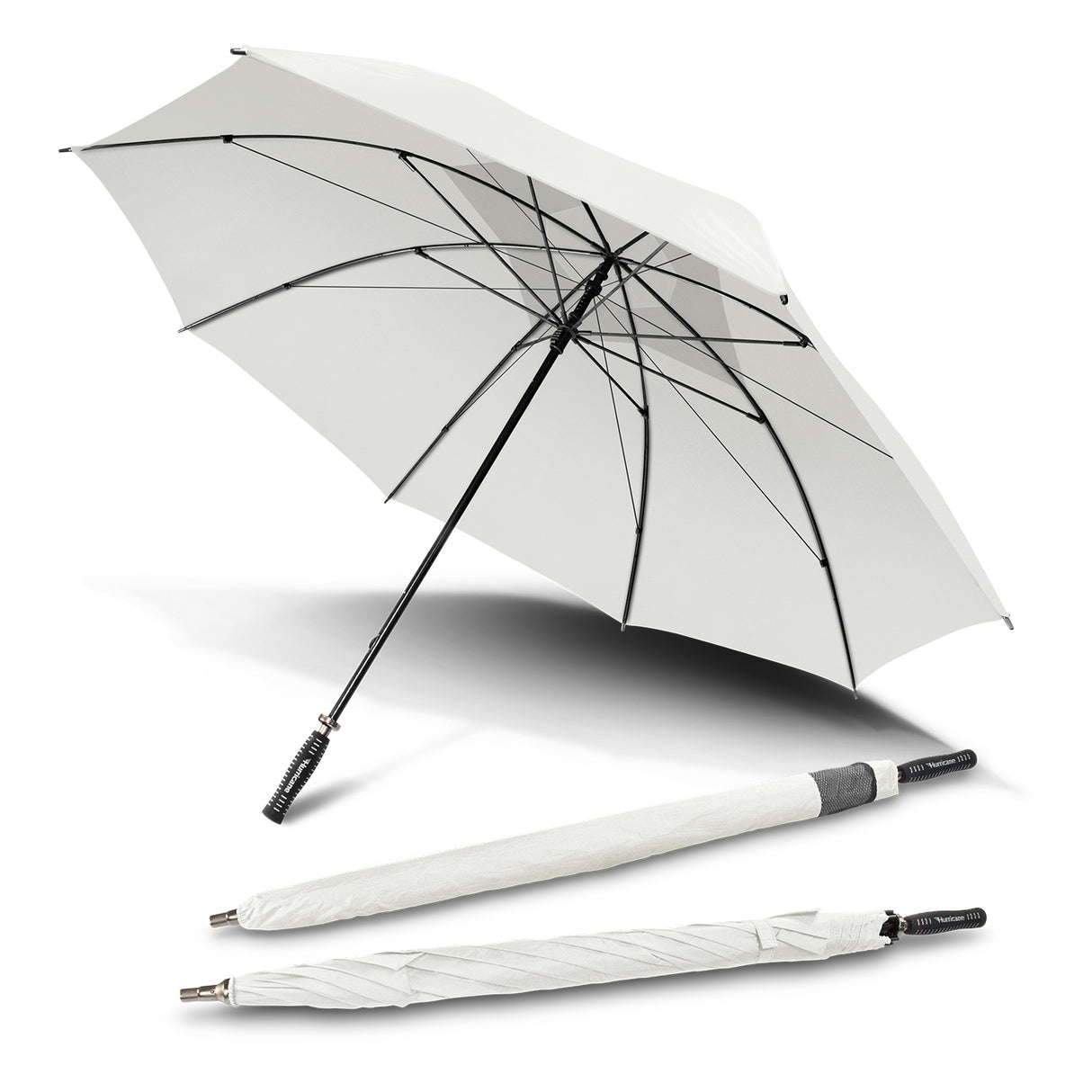 White Hurricane Sport Umbrella featuring an extra-large vented canopy, durable fibreglass shaft, and reinforced structure for stability.