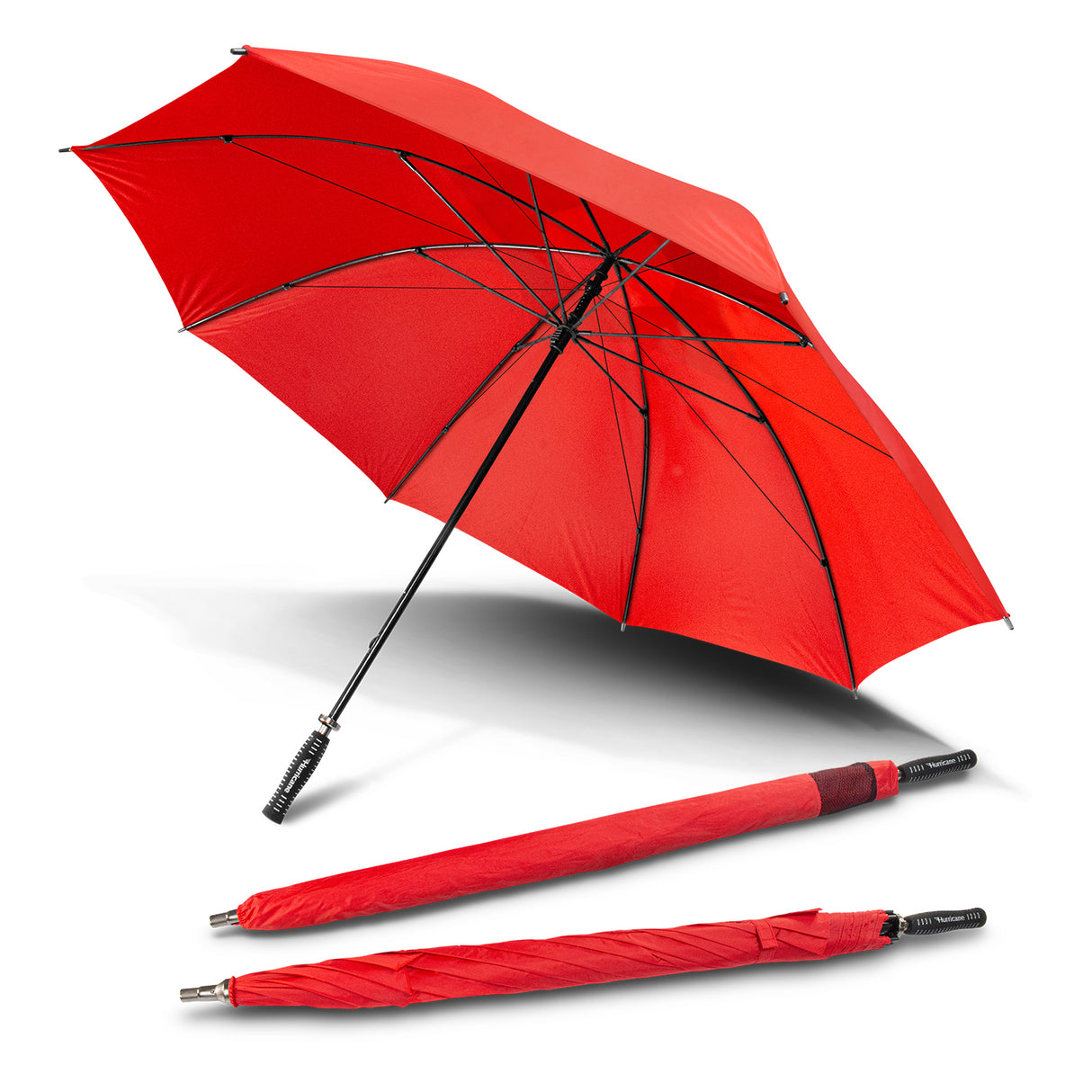 Hurricane Sport Umbrella in red with a large vented canopy, fiberglass shaft, and durable design for weather protection.