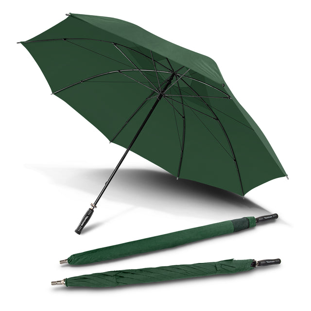 Sport umbrella in bottle green with large vented canopy, fibreglass shaft, and wind-resistant design for outdoor events.