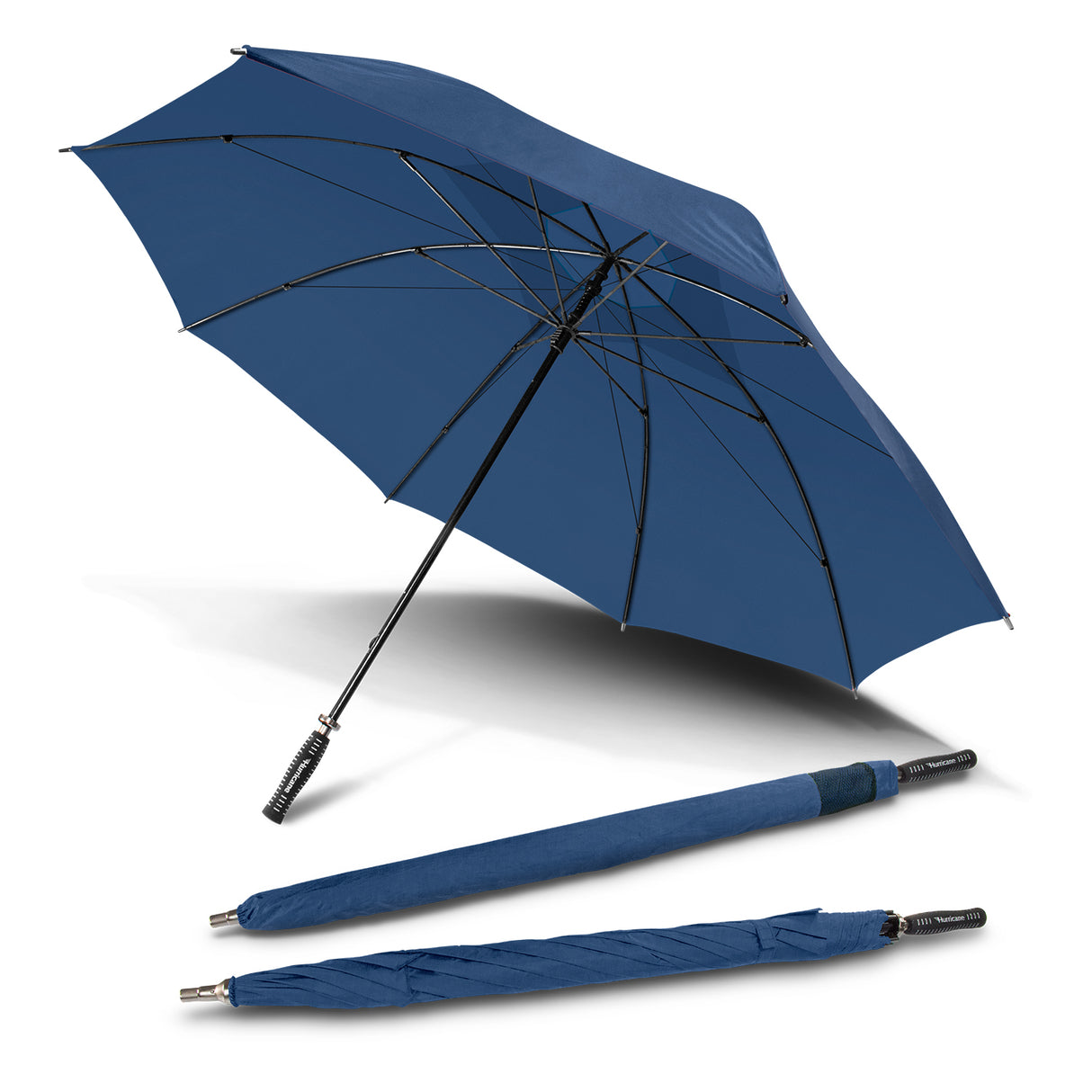 Durable Royal Hurricane Sport Umbrella with vented nylon canopy, fibreglass shaft, and guide ropes for wind resistance.