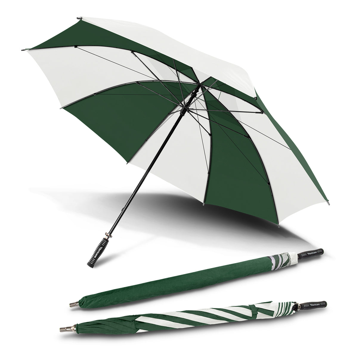 Durable bottle green and white sport umbrella with fiberglass shaft and vented eight-panel canopy for all weather conditions.
