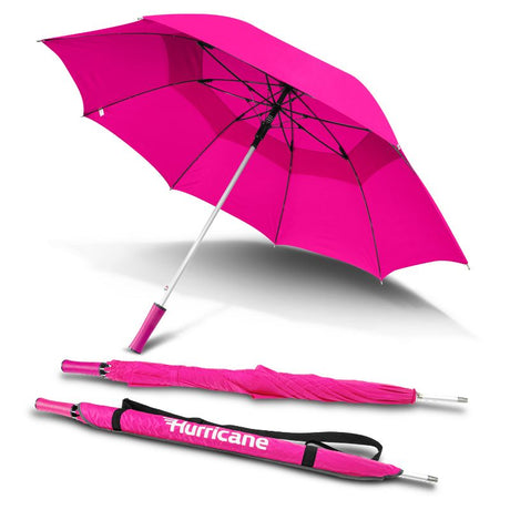 Vibrant fuchsia umbrella with automatic opening, sturdy fiberglass ribs, and stylish carry sleeve for urban adventures.