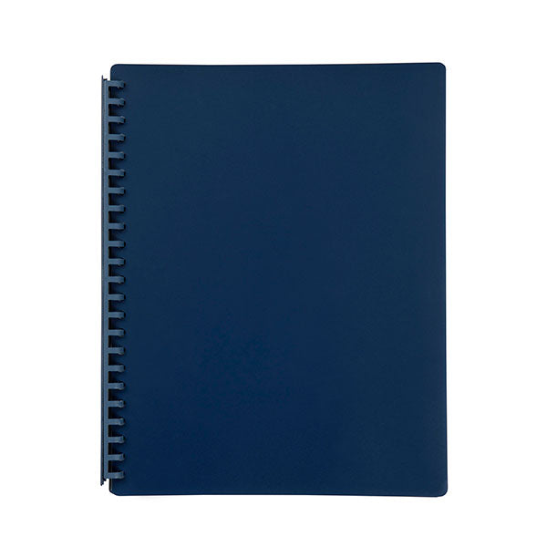 Marbig A4 display book in dark blue featuring 20 clear pockets and a refillable spiral spine for easy document organization.