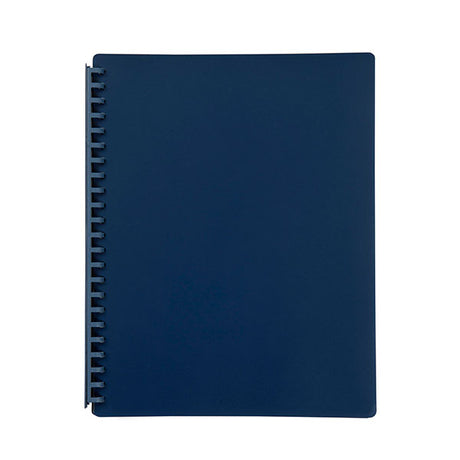 Marbig A4 display book in dark blue featuring 20 clear pockets and a refillable spiral spine for easy document organization.