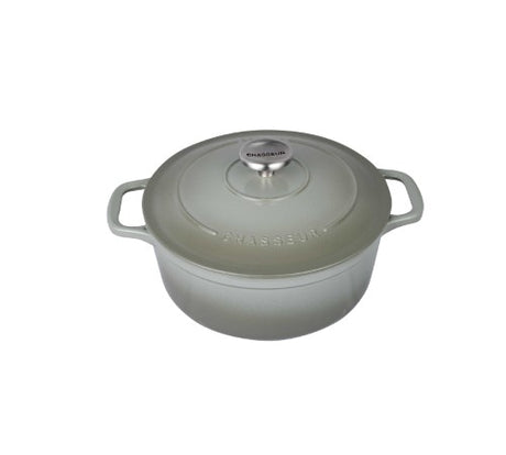 Chasseur RFO - Eucalyptus 24cm round cast iron oven, featuring elegant green finish, durable, non-stick, perfect for various cooking.