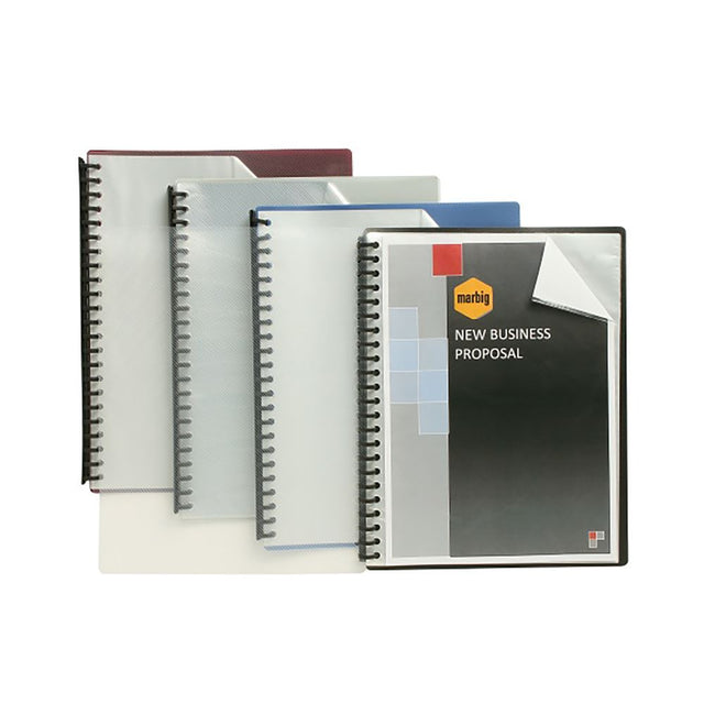 Sleek A4 Marbig Display Book in black with clear cover, featuring 20 pockets and refillable spine for stylish, organized presentations.