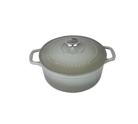 Round 26cm Chasseur RFO casserole dish in elegant eucalyptus color, perfect for slow cooking and stylish dining.