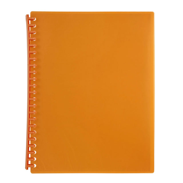 Vibrant orange 20-pocket refillable display books for organizing documents, sold in a pack of 10.