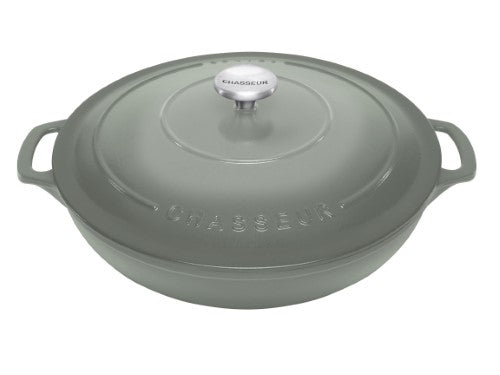 Eucalyptus-colored cast iron casserole dish, 30cm, perfect for stews and roasts, blending style with functionality.