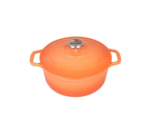 Chasseur RFO 24cm Salmon pot in vibrant enamel, perfect for even cooking and stylish kitchen decor. Ideal for home chefs.