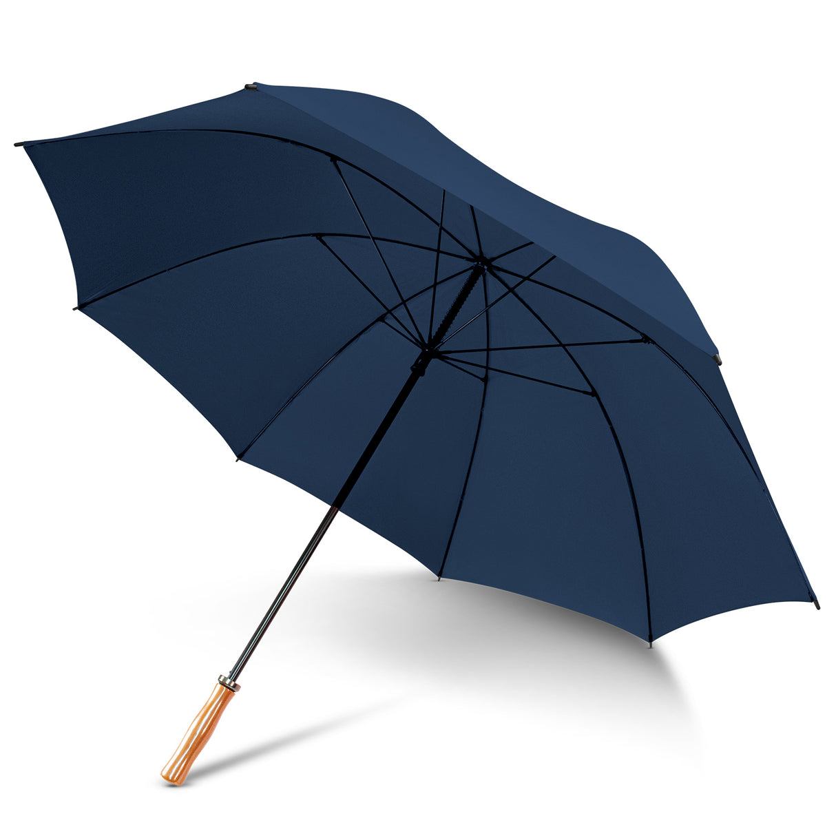 Sophisticated navy Pro umbrella with a spacious nylon canopy, durable fibreglass ribs, and elegant wooden grip for all-weather protection.