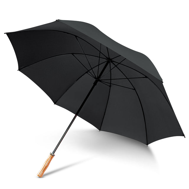Black umbrella with an eight-panel nylon canopy, fibreglass ribs, and wooden grip, providing reliable rain and sun protection.