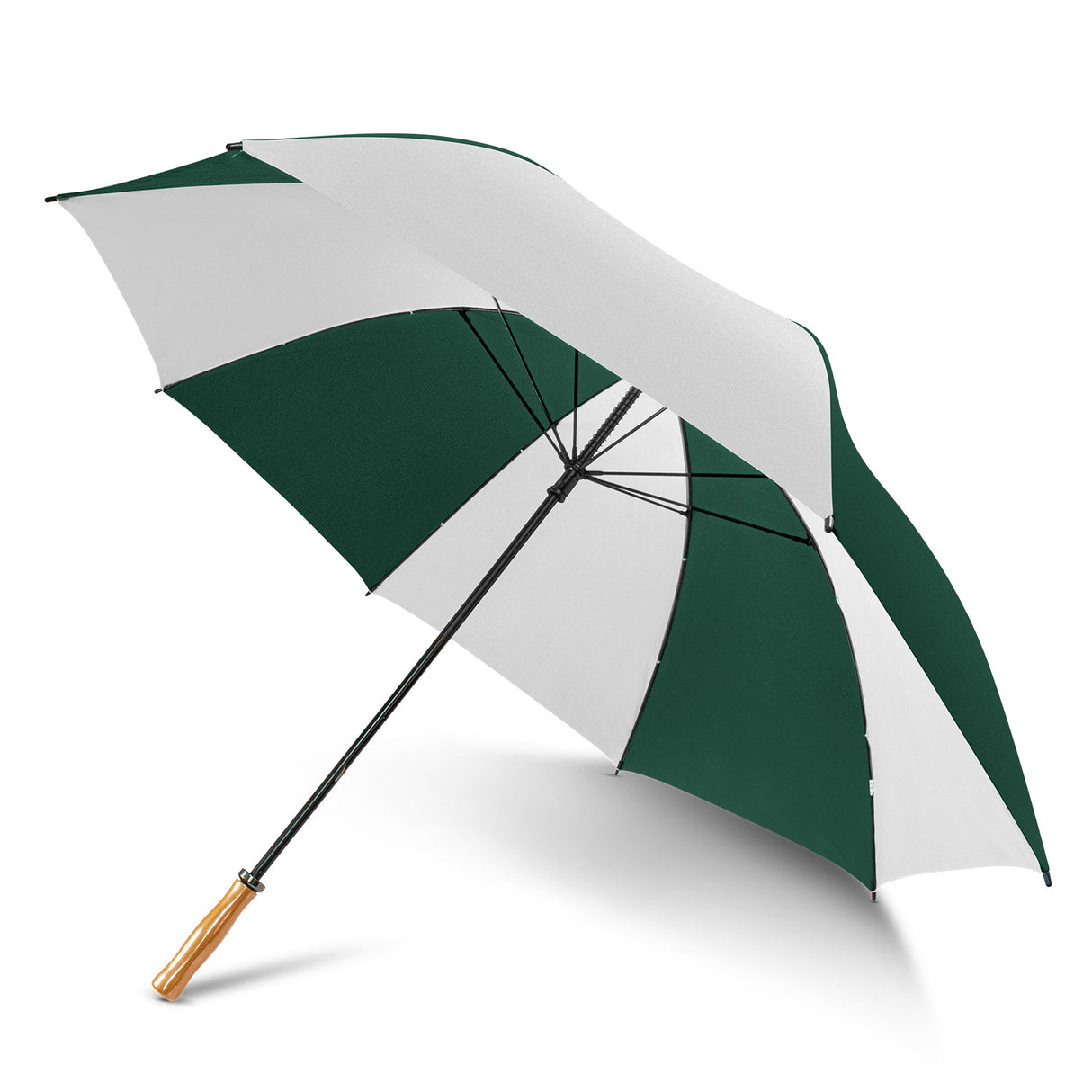 Large Bottle and White nylon umbrella with fibreglass ribs for durability, offering ample 1320mm coverage against rain and sun.