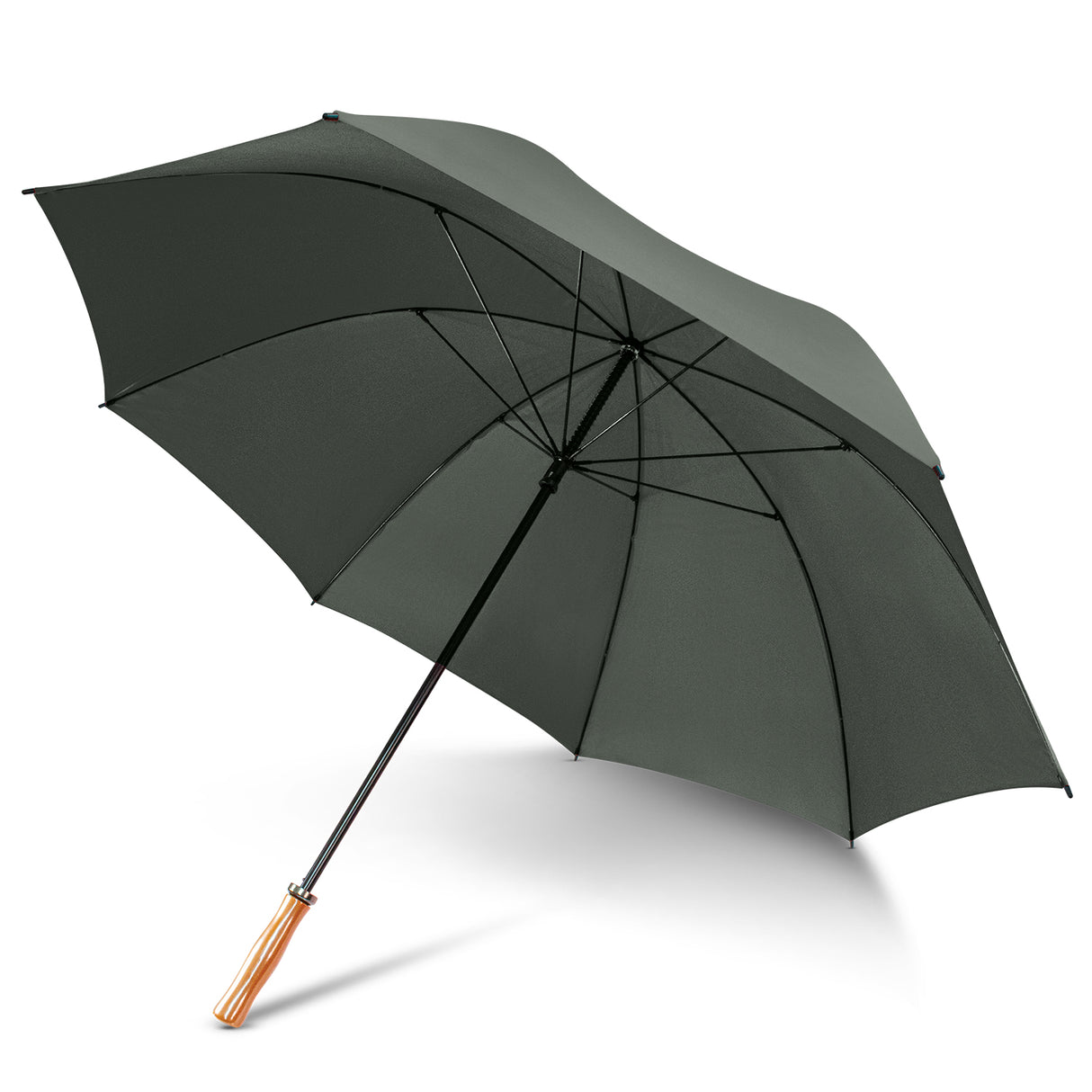 Premium grey umbrella with 8-panel nylon canopy, fibreglass ribs, and wooden grip for stylish rain protection.