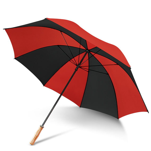 Red and black eight-panel umbrella featuring durable fiberglass ribs and a stylish wooden grip for comfort and elegance.