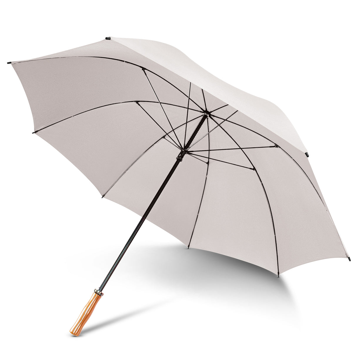 White Pro Umbrella with eight-panel nylon canopy, fiberglass ribs, and elegant wooden grip for style and durability.