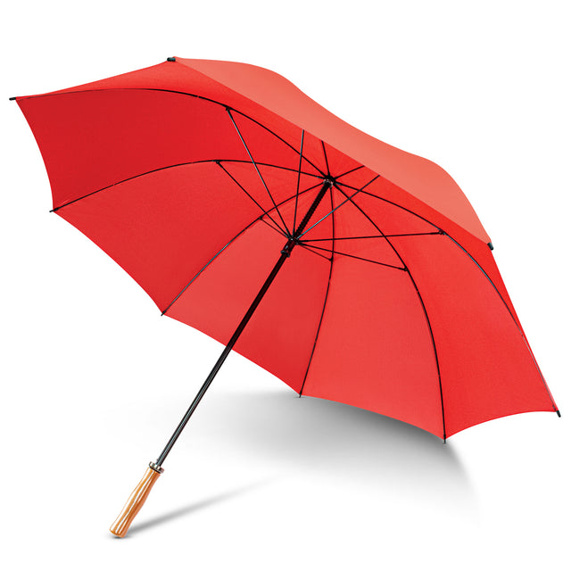 Red Pro umbrella with an eight-panel nylon canopy, fiberglass ribs, and wooden grip for style and durability in any weather.