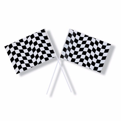 Lightweight black and white checkered plastic flag measuring 15cm x 24cm, perfect for racing events and themed parties.